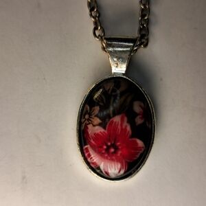 Timeless Red Floral Oval Pendant w/ Dark Background Necklace (Silvertone)
